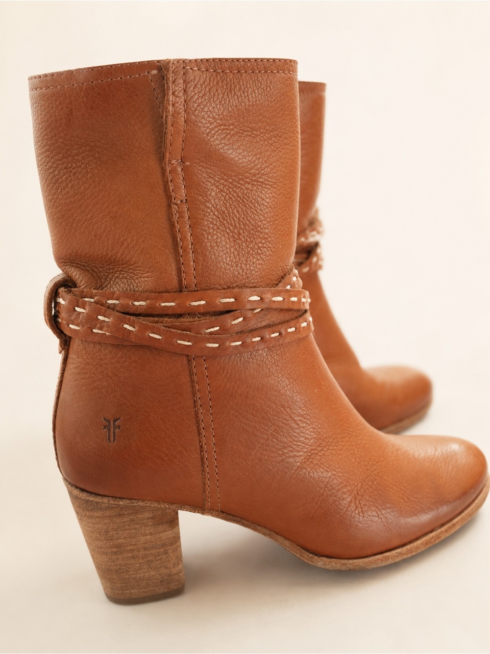 Frye Tan Leather Mid-Calf Heeled Boots with Wrap Detail Size 8,5